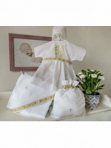 Крестильный набор для девочки Классика 4 предмета, цвет: белый-золото, от 6 до 12 мес. (Makkaroni Kids, 00-0012736_6-12 мес Белый/золото)